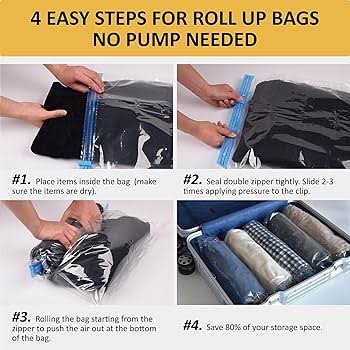 Vela Travel Roll-Up Vacuum Compression Bags – No Pump Needed (Set of 6)