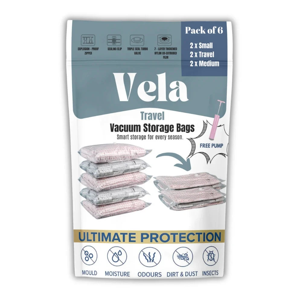 Vela Vacuum Storage Bags for Travel with Hand Pump (Multi-Pack Compression Set)